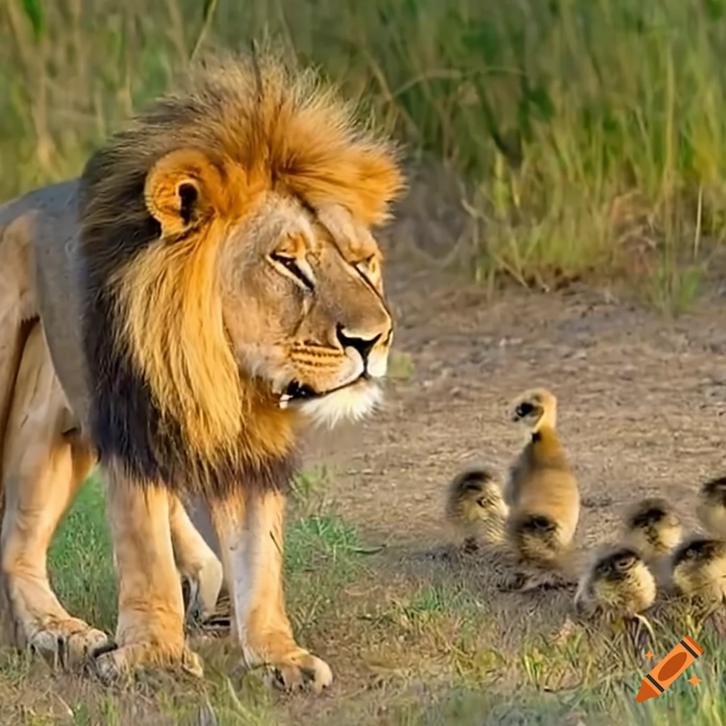 male lion with ducklings