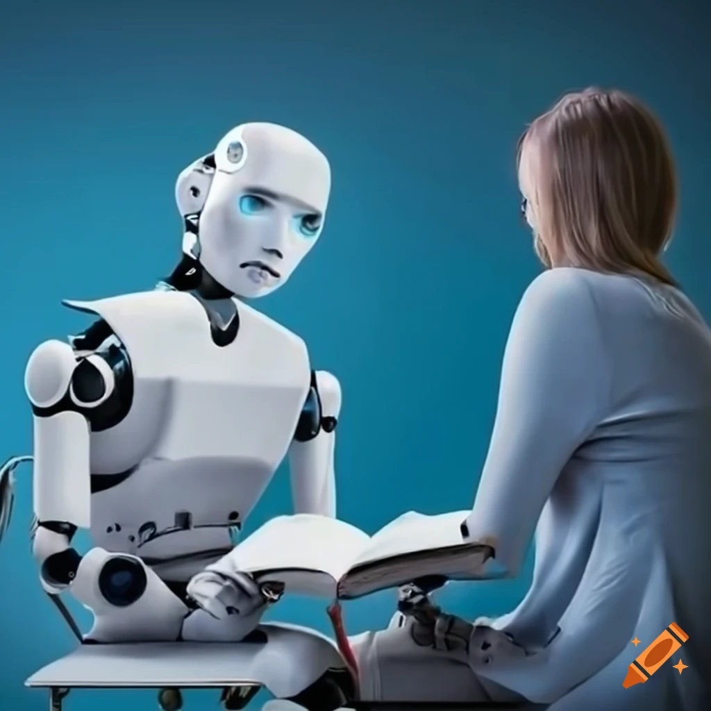 person with robot studying a book