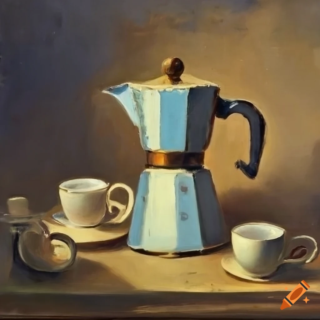 Oil painting of a bialetti moka pot and an espresso cup on Craiyon