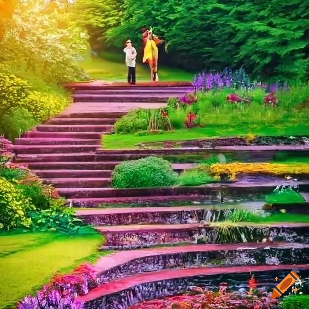 Vibrant garden with blooming flowers and curved stairs on Craiyon