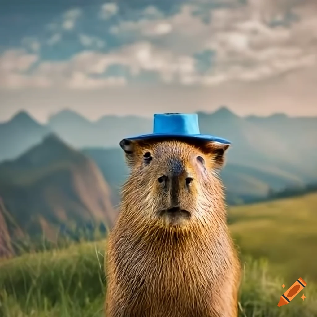 Capybara with a blue hat in front of a mountain
