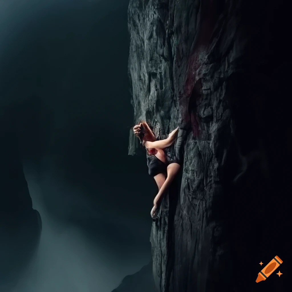 woman climbing a dark cliff with determination