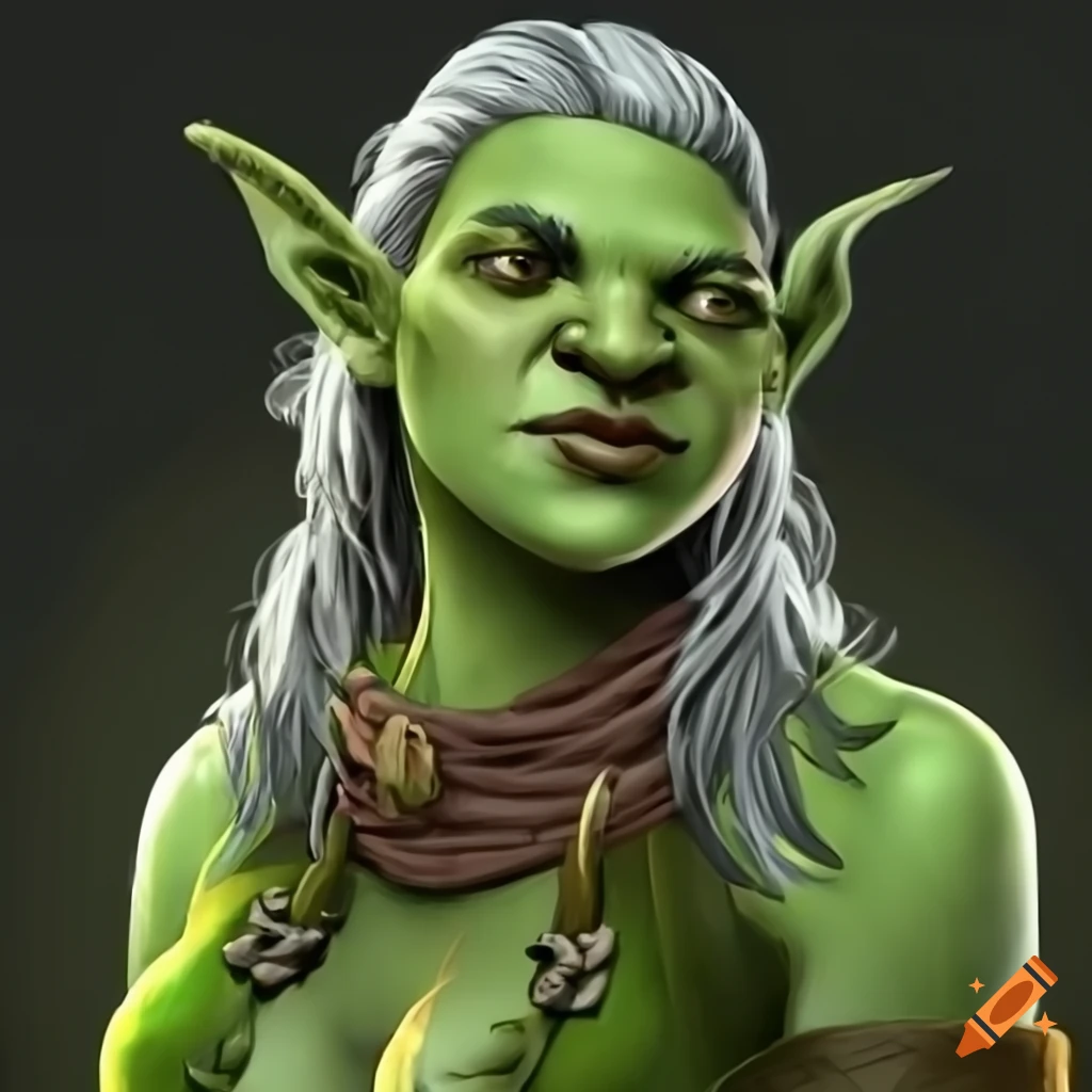 Female half ogre character with mossy green skin and tusks