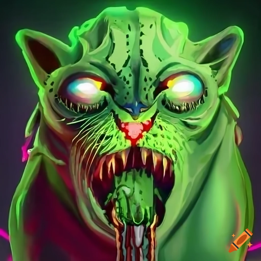 demonic green cat character inspired by Among Us
