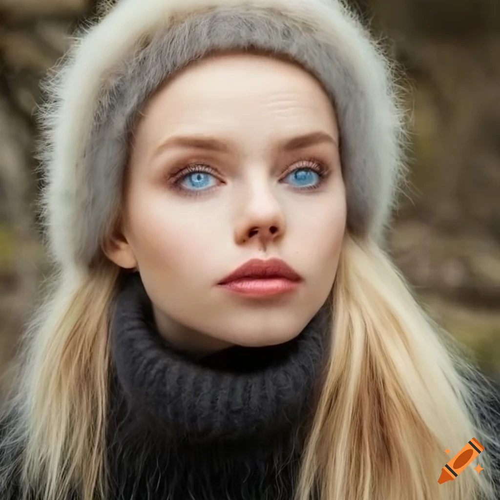 Woman in fluffy mohair turtleneck sweater and fur headband on Craiyon