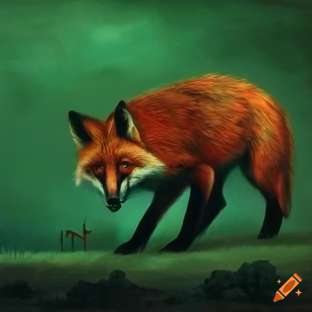 Eerie Painting Of A Red Fox On A Green Background On Craiyon eerie-painting-of-a-red-fox-on-a-green-background-on-craiyon
