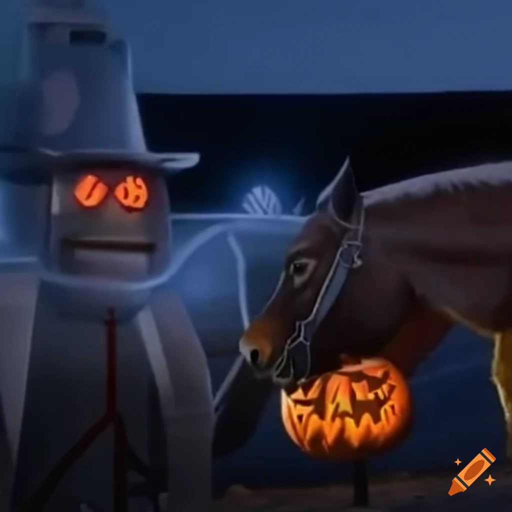 funny Halloween scene with horse and trailer full of pumpkins