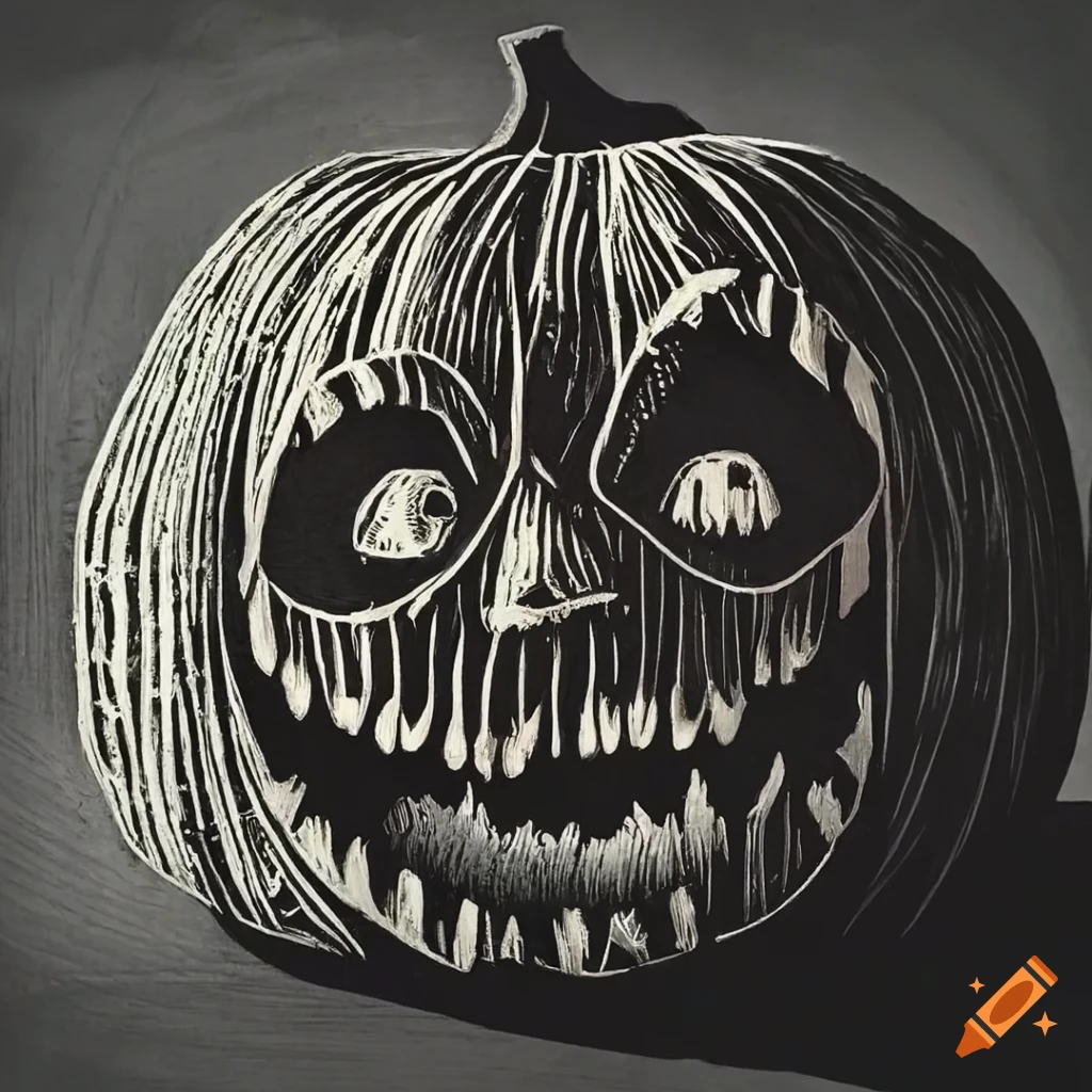 Linocut carving of eerie pumpkin expressions