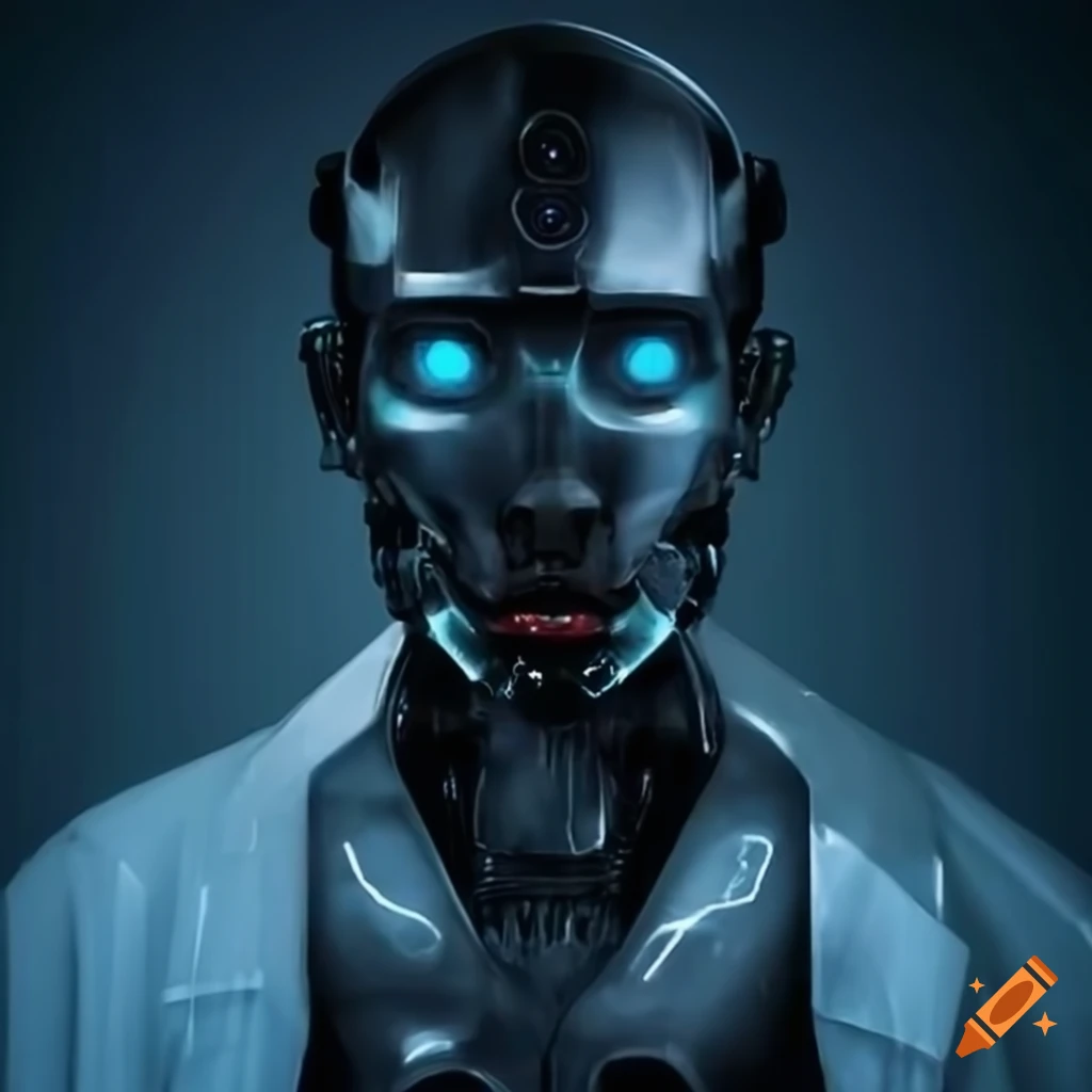 futuristic black robot wearing a lab coat