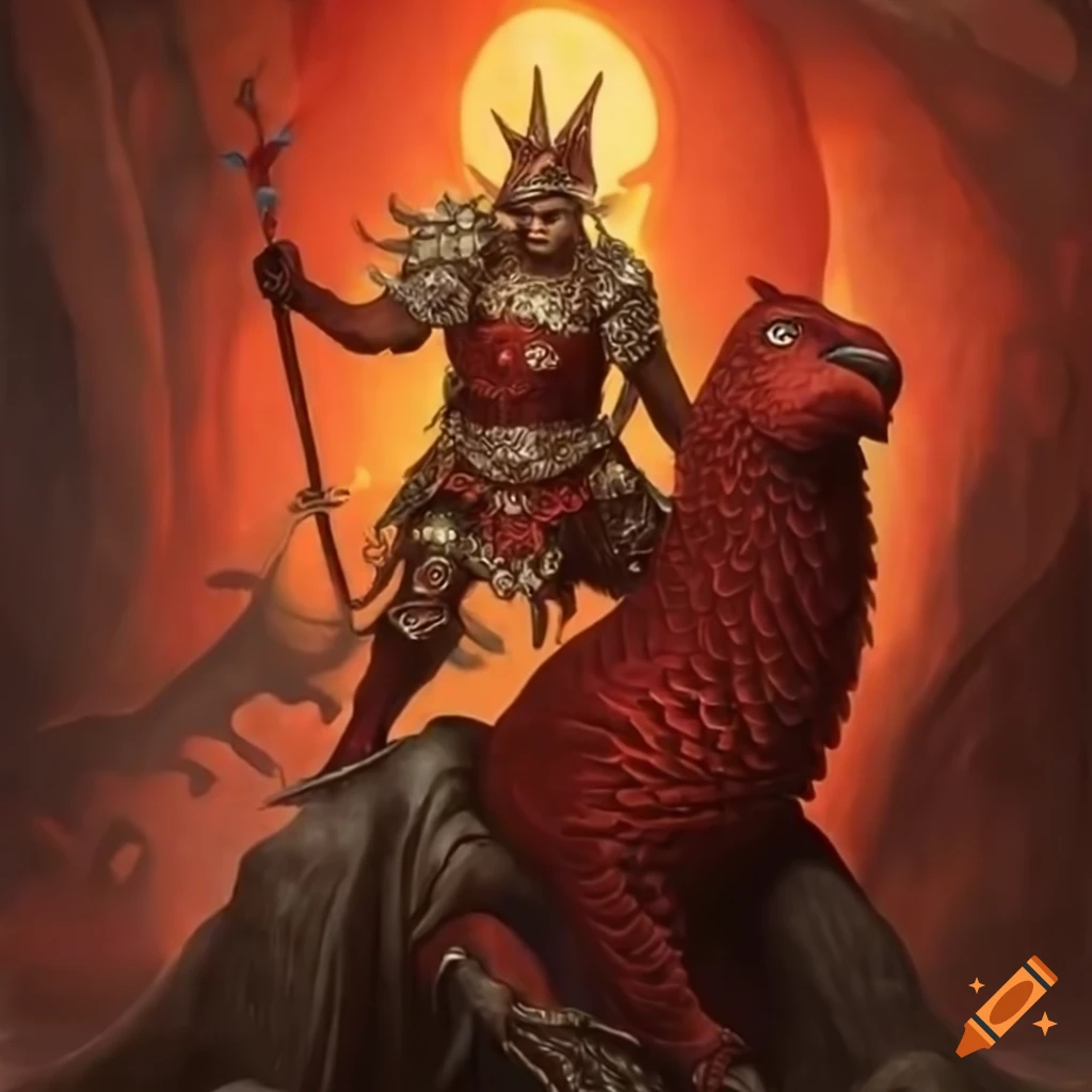illustration of a prince sitting on a red griffin