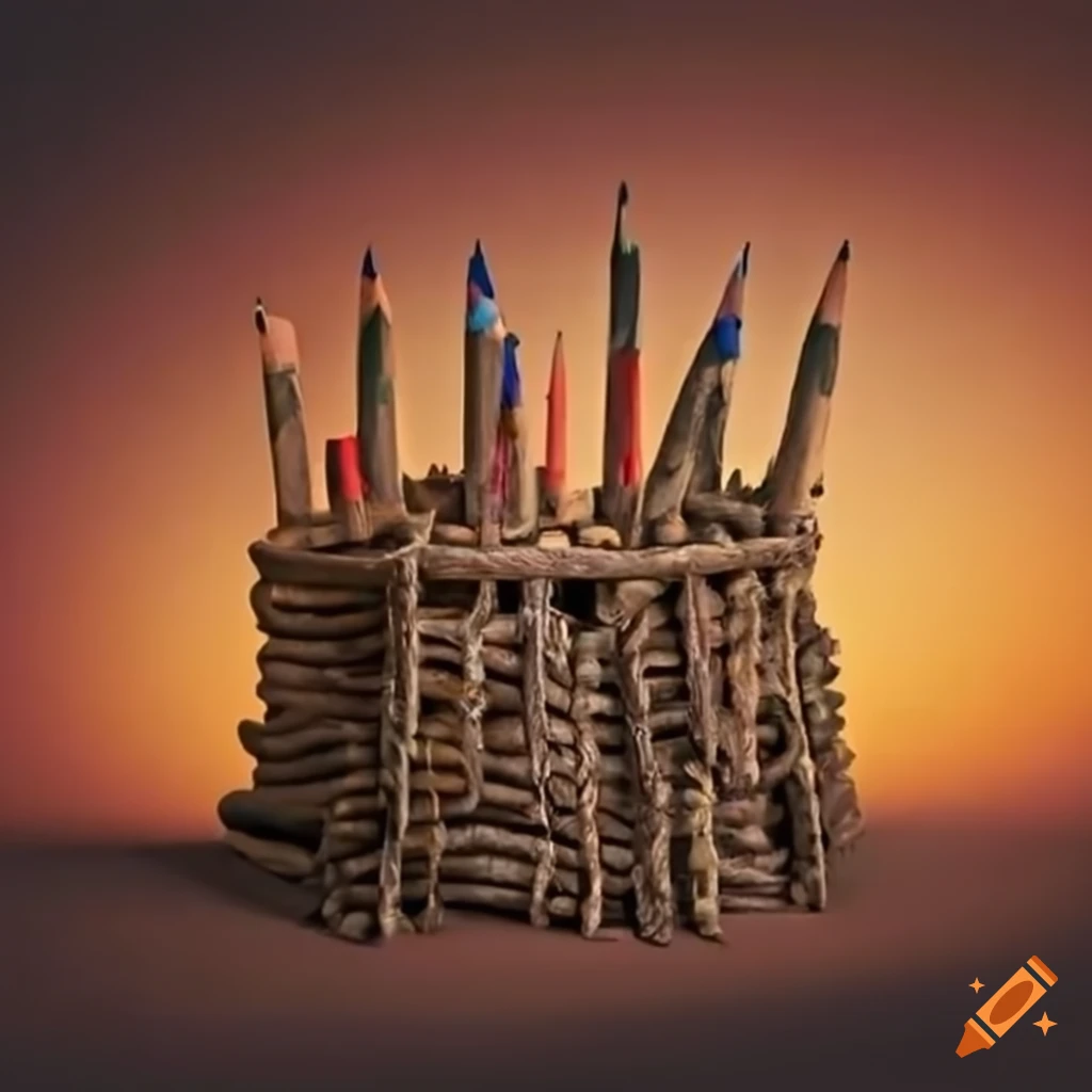 artwork of a log fort made of pencils with a beautiful sunrise in the background