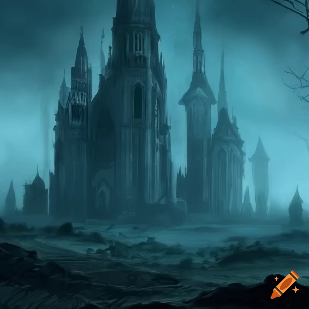 fantasy art of a city inside a ribcage in a misty desert