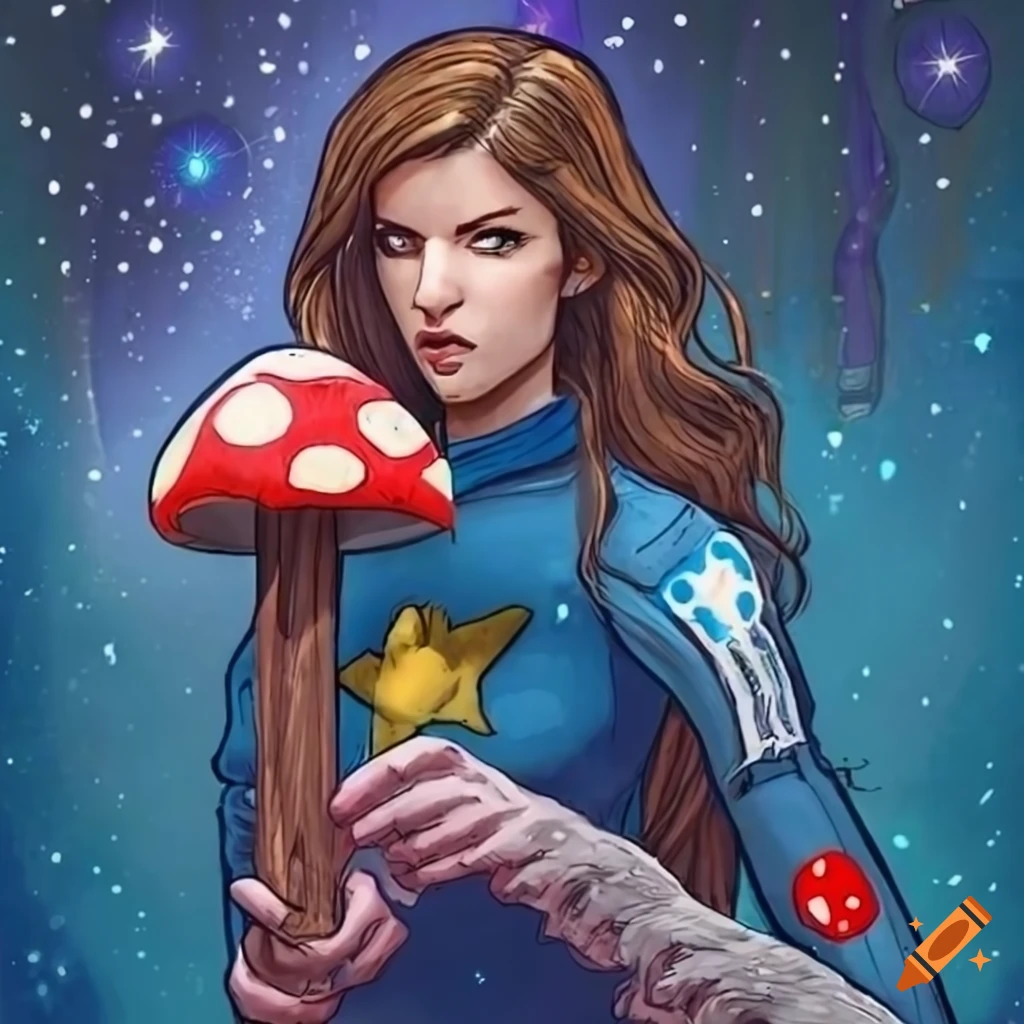 pulp comic art of Anna Kendrick as an astronaut werewolf with cosmic rod and glowing mushroom