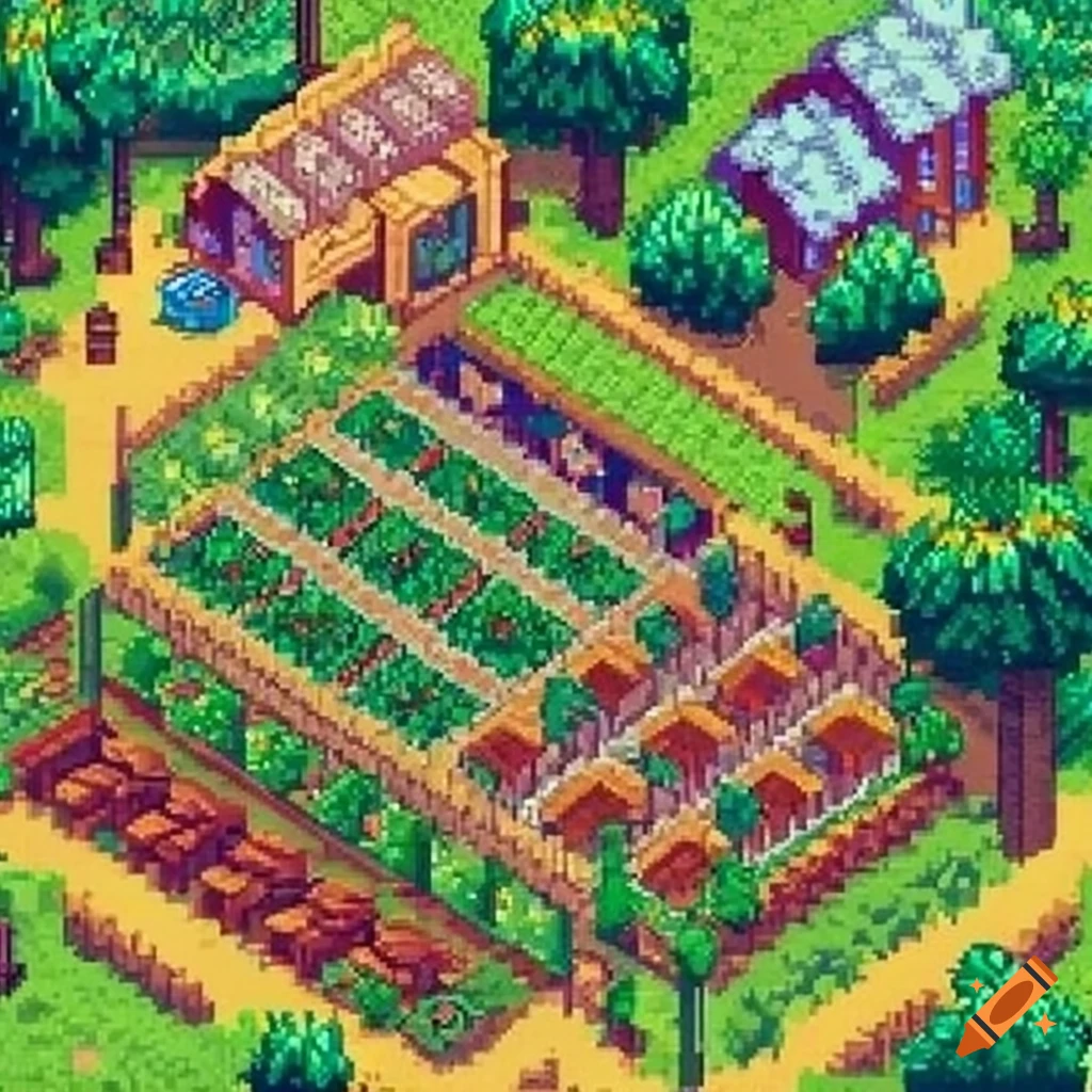 Cute pixel art of a vegetable farm in stardew valley on Craiyon