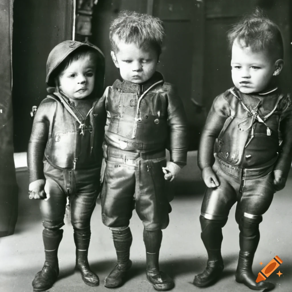 vintage photograph of three toddler boys in British uniforms