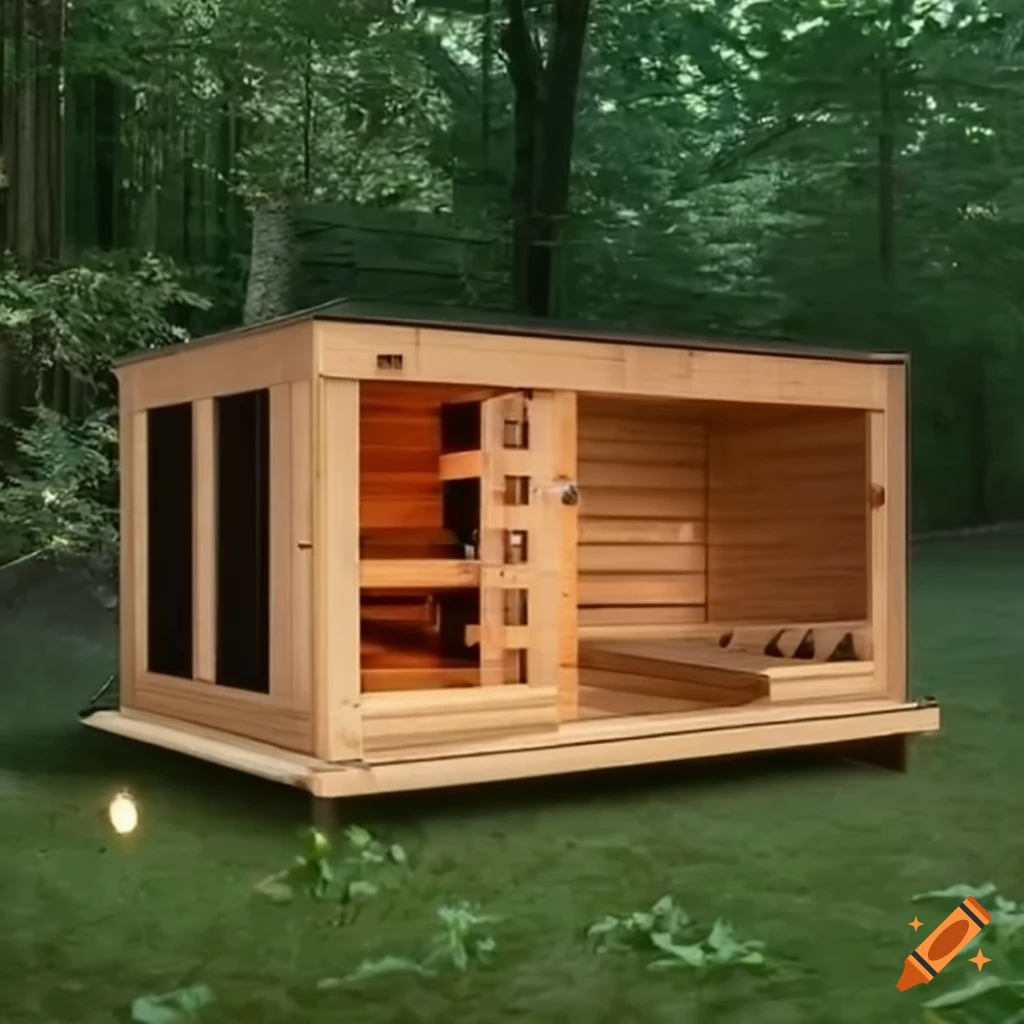 exterior view of a square sauna in a garden