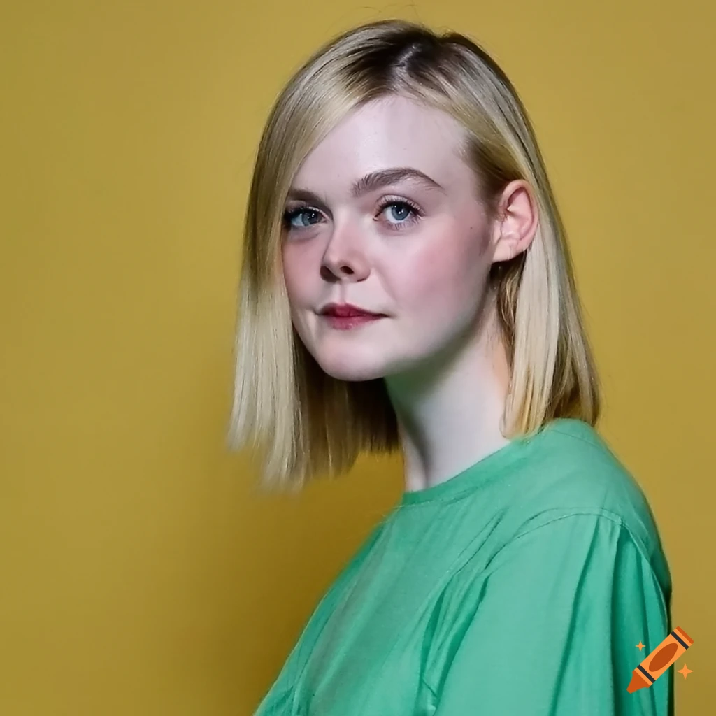 Elle fanning with a bob haircut and green t shirt on craiyon