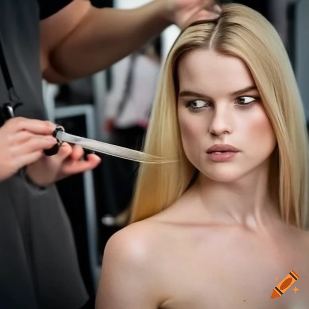 Alice Eve getting her hair styled backstage
