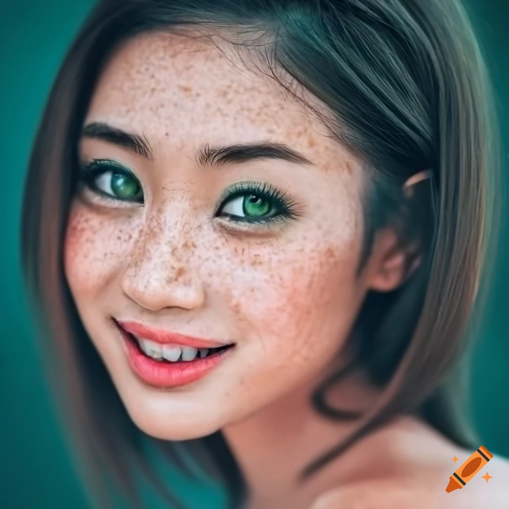 portrait of a beautiful young woman with freckles and green eyes