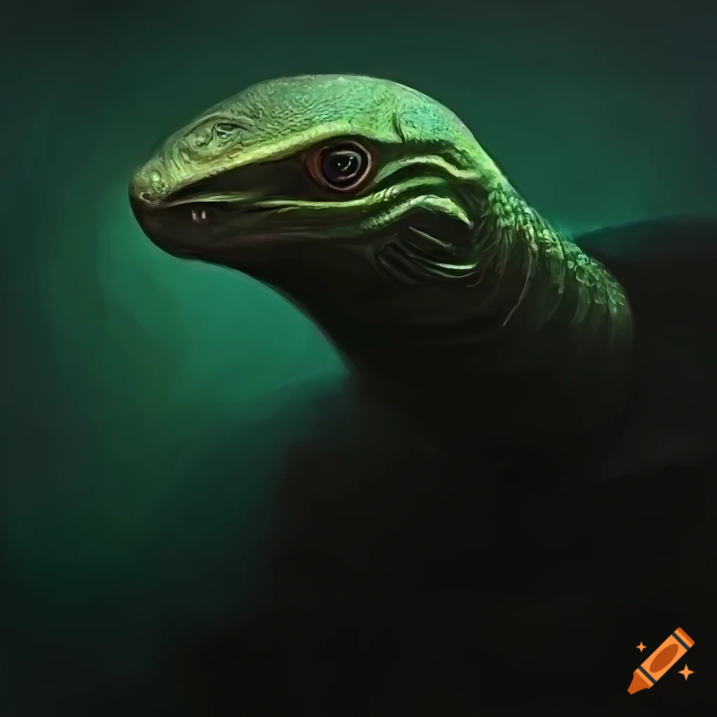 eerie painting of a green lizard