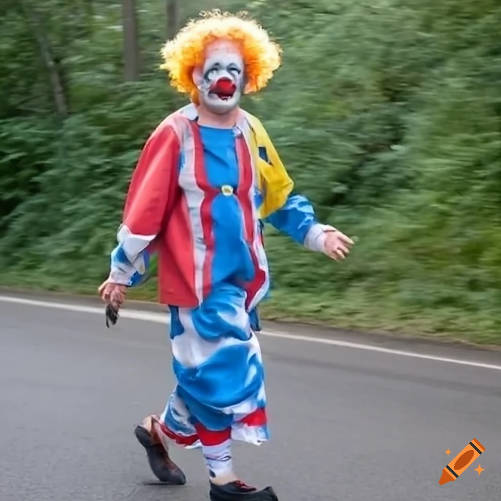 clown walking on the road