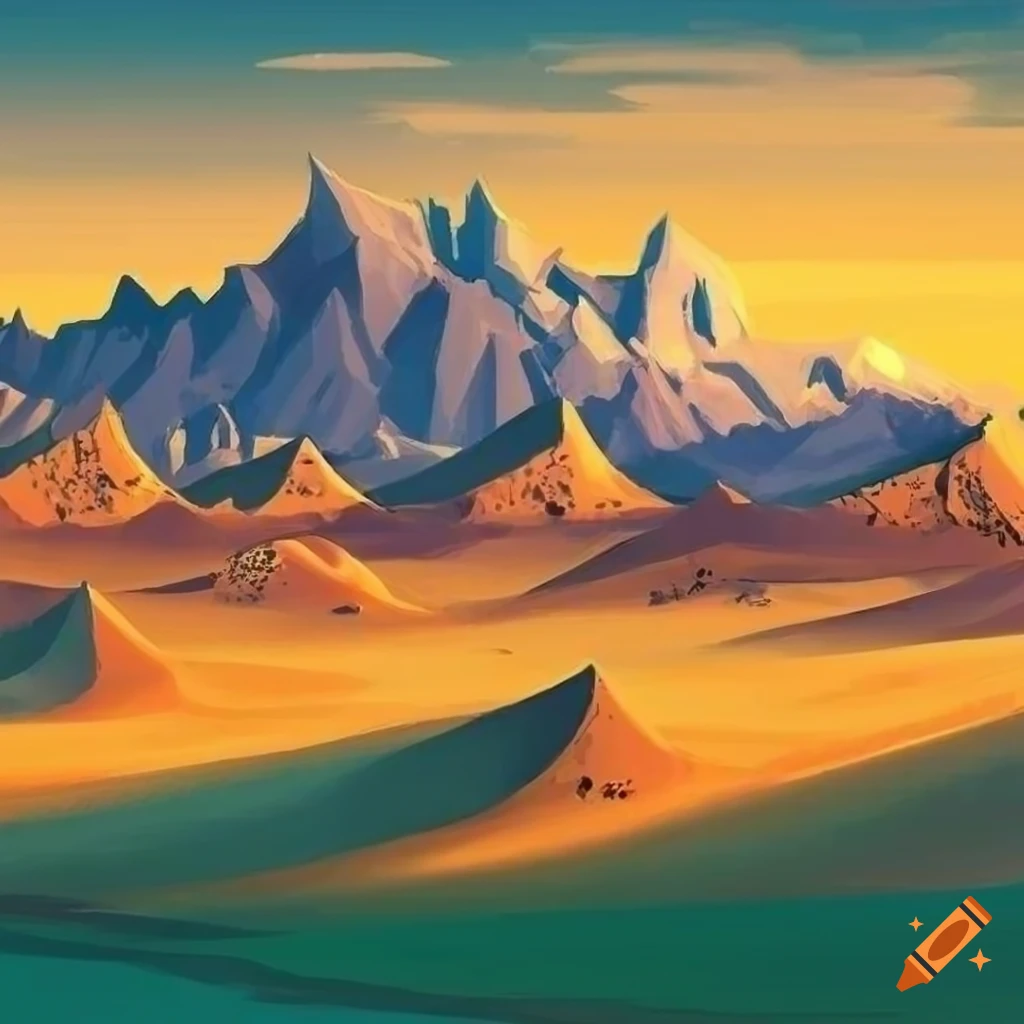 fantasy artwork of mountains overlooking a desert
