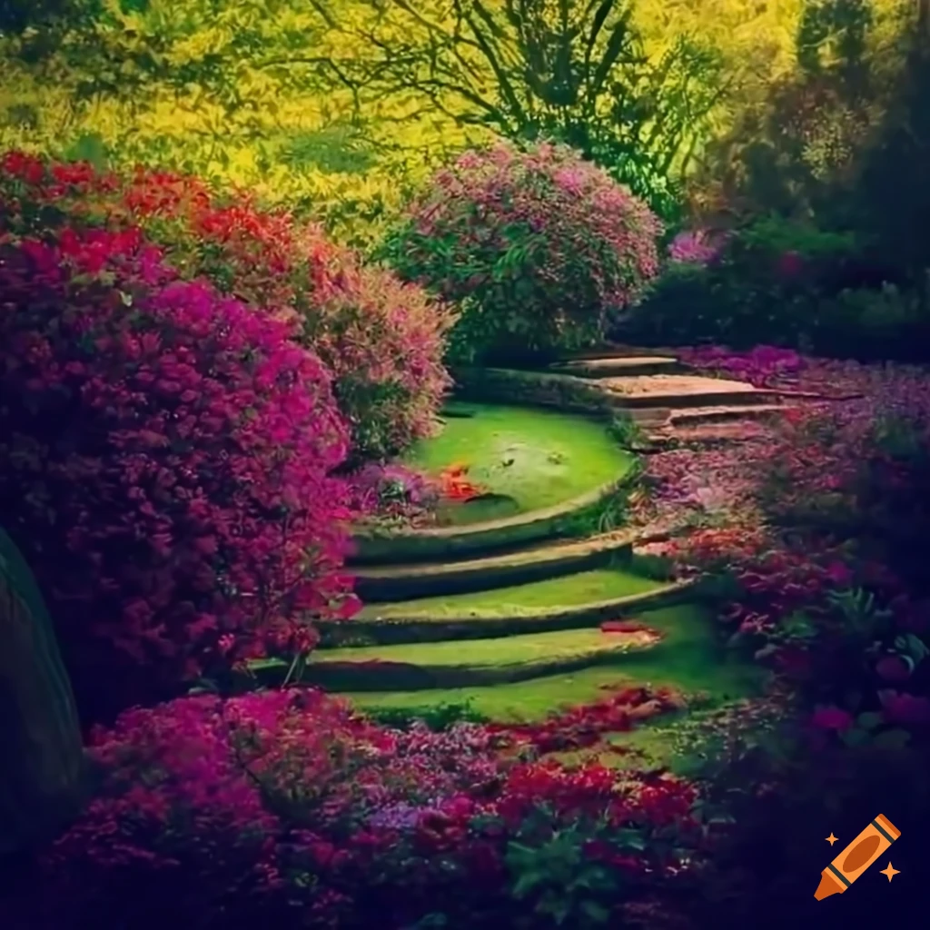 vibrant garden with blooming flowers and curved stairs