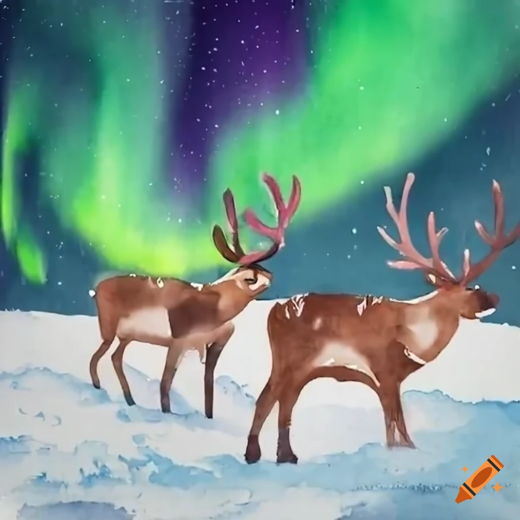 reindeer watching other reindeer play in the snow under the northern lights