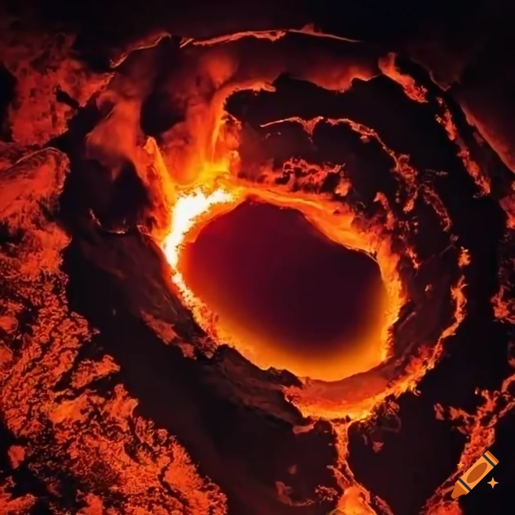 A glowing volcano crater seen from above on Craiyon