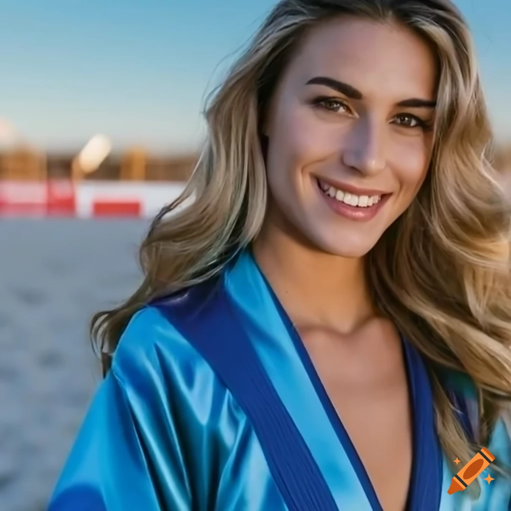 Beautiful female beach volleyball player in a blue kimono on Craiyon