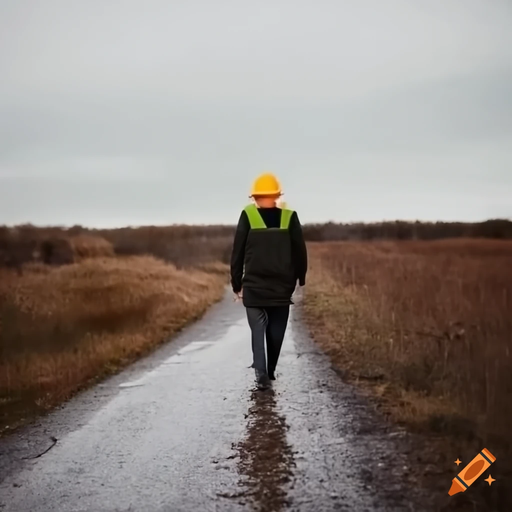 redheaded engineer walking on a country road