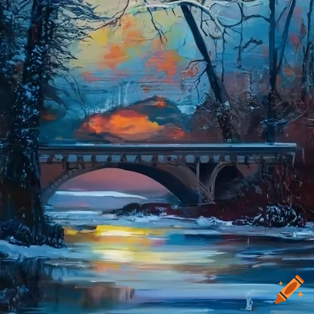 painting of a man in a reddish-orange jacket walking out of a river in the snow