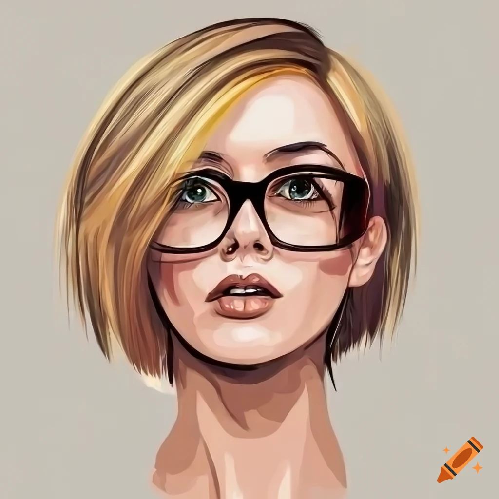 detailed portrait of a woman with short blond hair and glasses