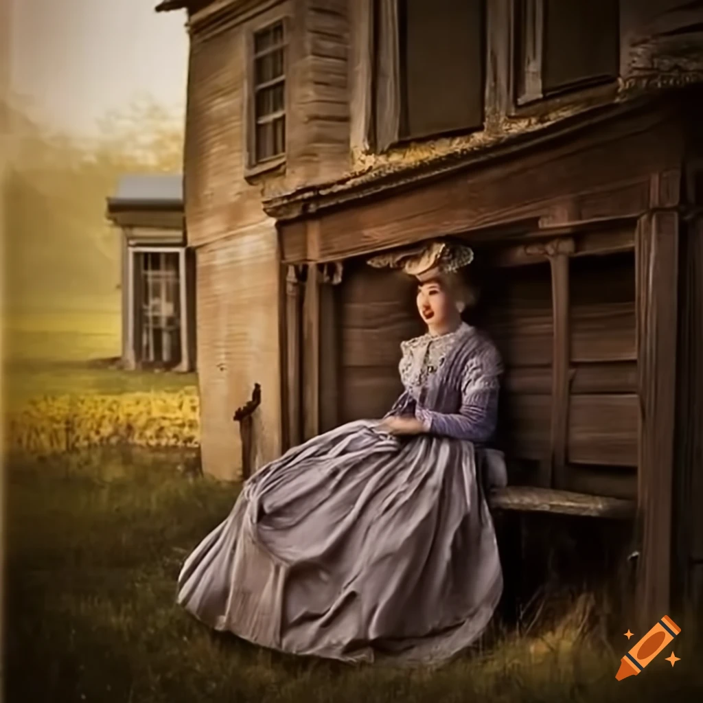 Victorian woman outside a farmhouse