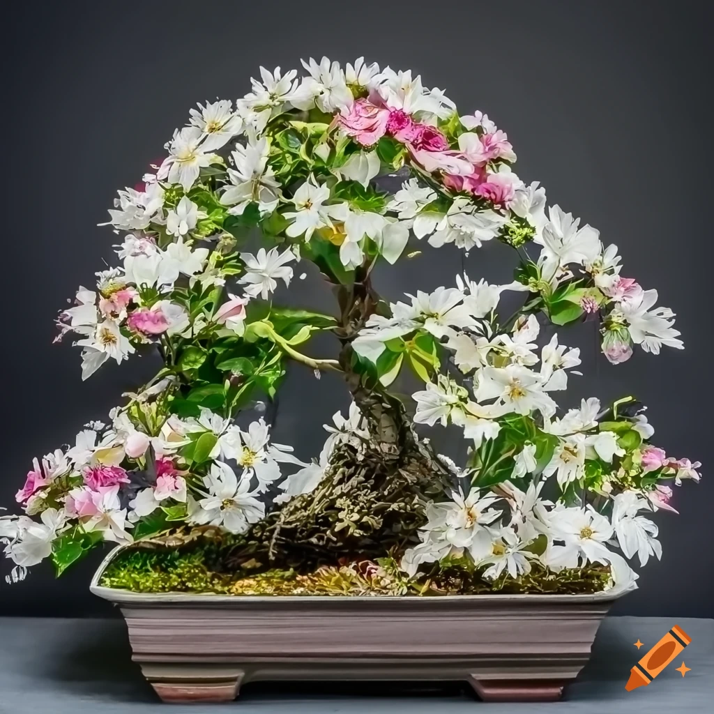 epic pink and white flower bonsai on black background