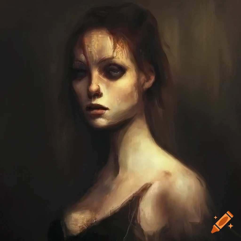 dark romantic painting of a woman walking in a baroque style