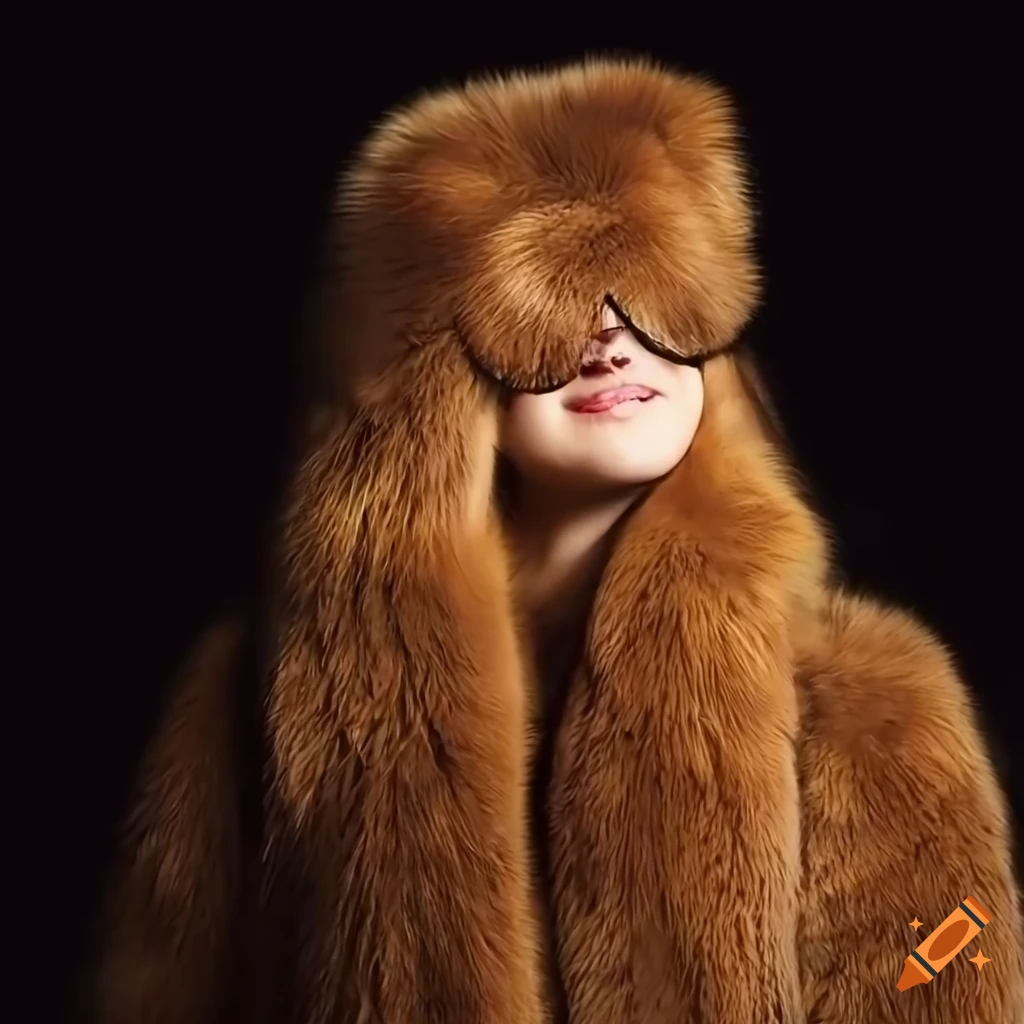 Fashionable woman wearing a fluffy fur coat and sleep mask on Craiyon