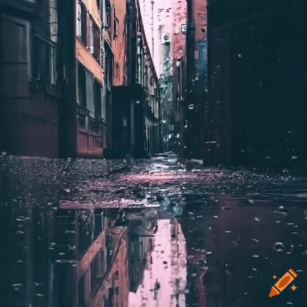 urban street with rain falling into a puddle