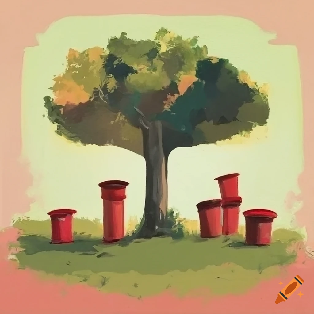 pastel artwork of a backyard with metal pole and red pots