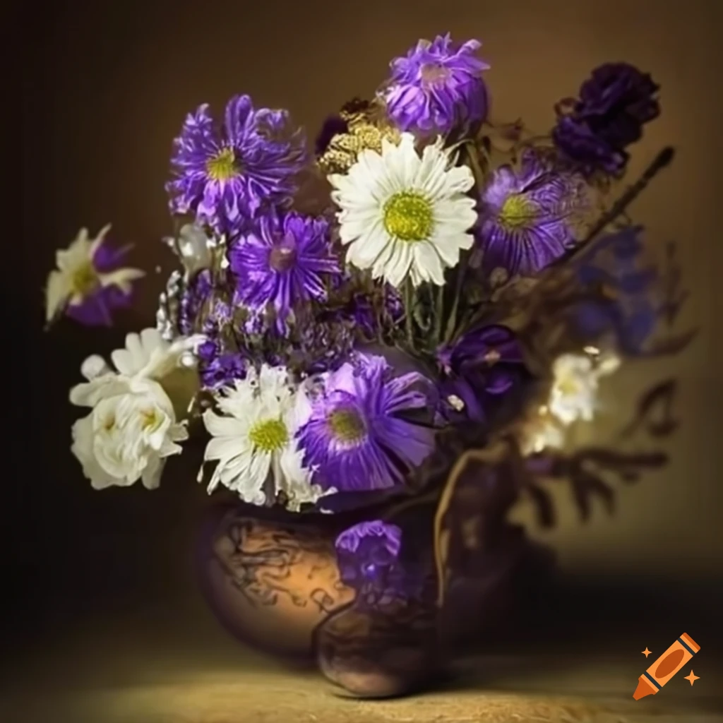 Rembrandt style bouquet of purple and white flowers
