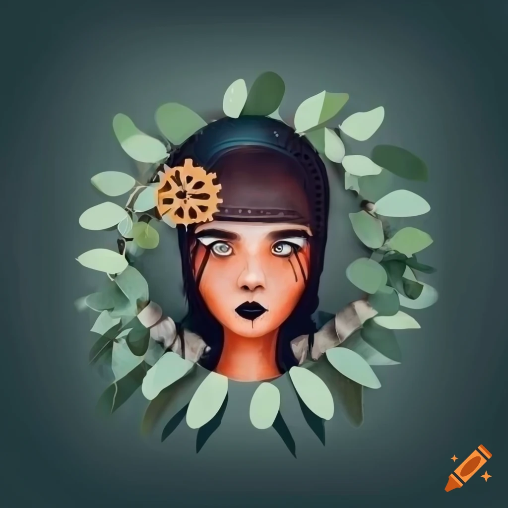 logo of a girl in welding gear surrounded by eucalyptus leaves