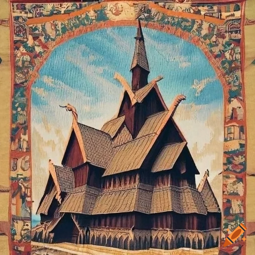 medieval-inspired tapestry of a stave church and volcano