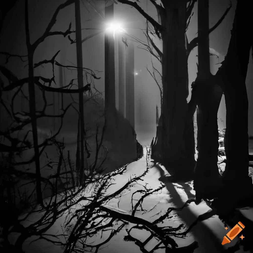Cloaked shadowy figure in a vast winter forest in black and white on ...