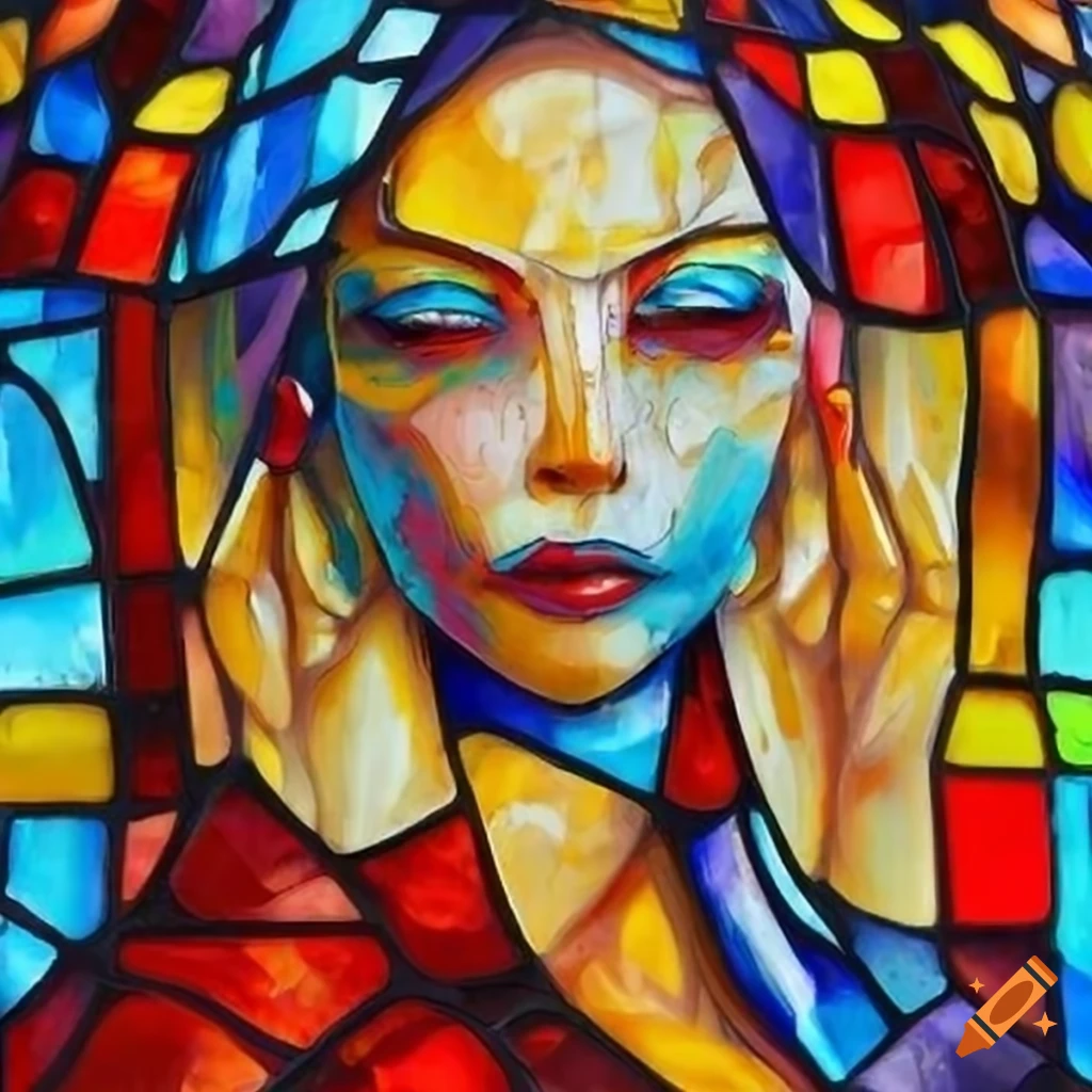 Colorful stained glass window with comics design