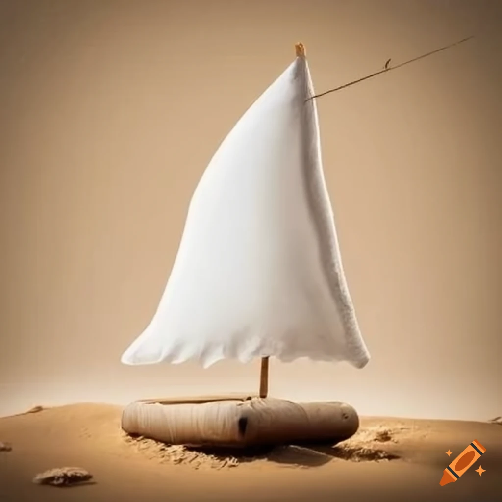 Wooden raft with a white sail on the sand on Craiyon