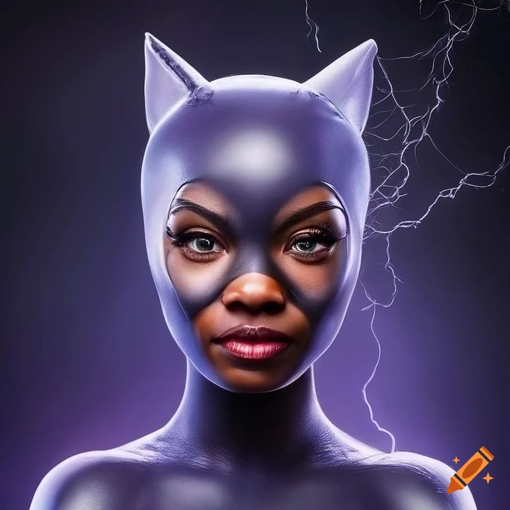 photorealistic artwork of a catwoman with lightning