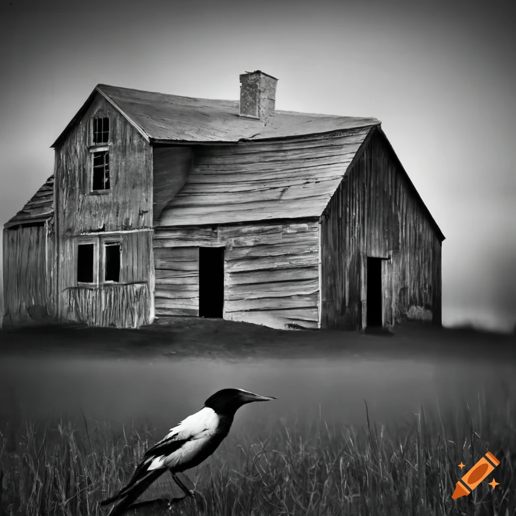 black and white photograph of a farmhouse with crows