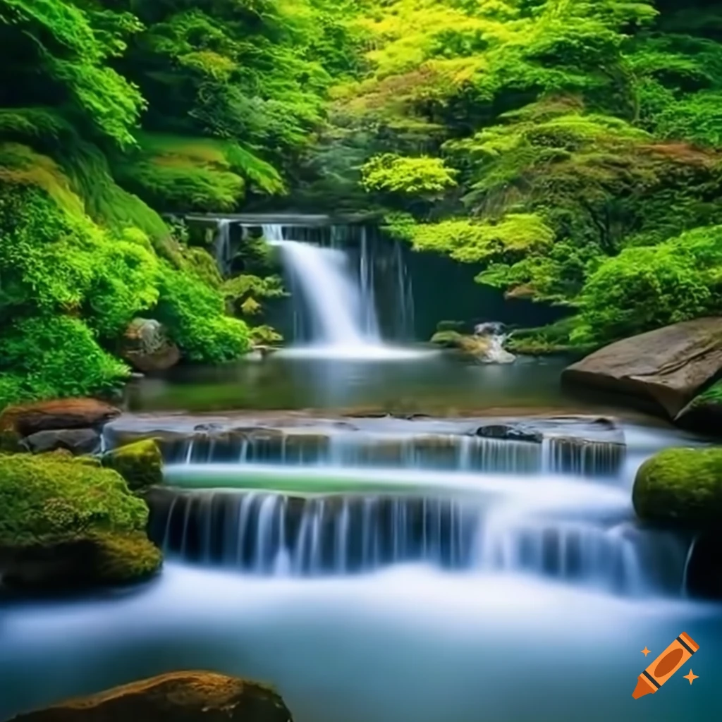 Serene japanese hot spring with a waterfall