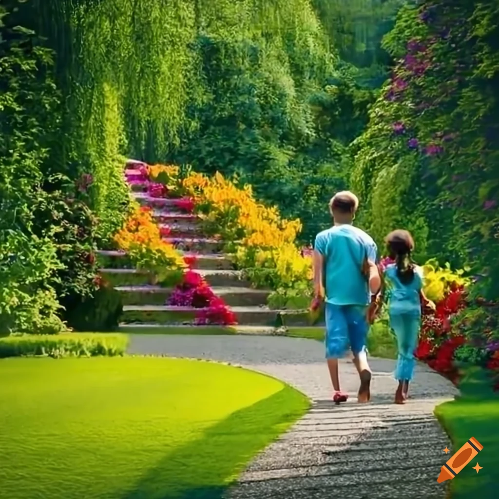 Vibrant garden with blooming flowers and curved stairs on Craiyon