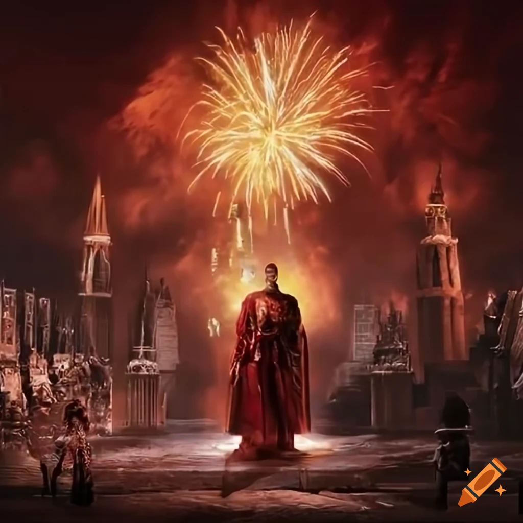 spectacular movie scene with fireworks and lasers at Flash Gordon's funeral